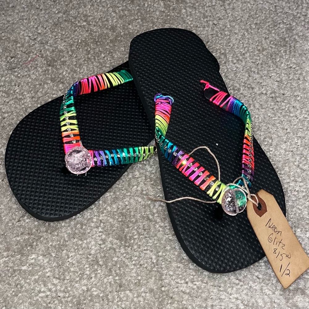 Neon Stripes- custom made Flip Flops with Black Soles - Picture 3 of 3